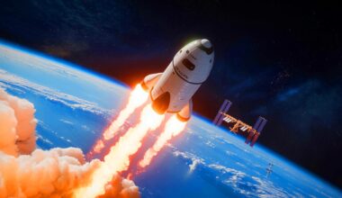 Illustration of SpaceX Dragon capsule returning from the International Space Station with futuristic gear.