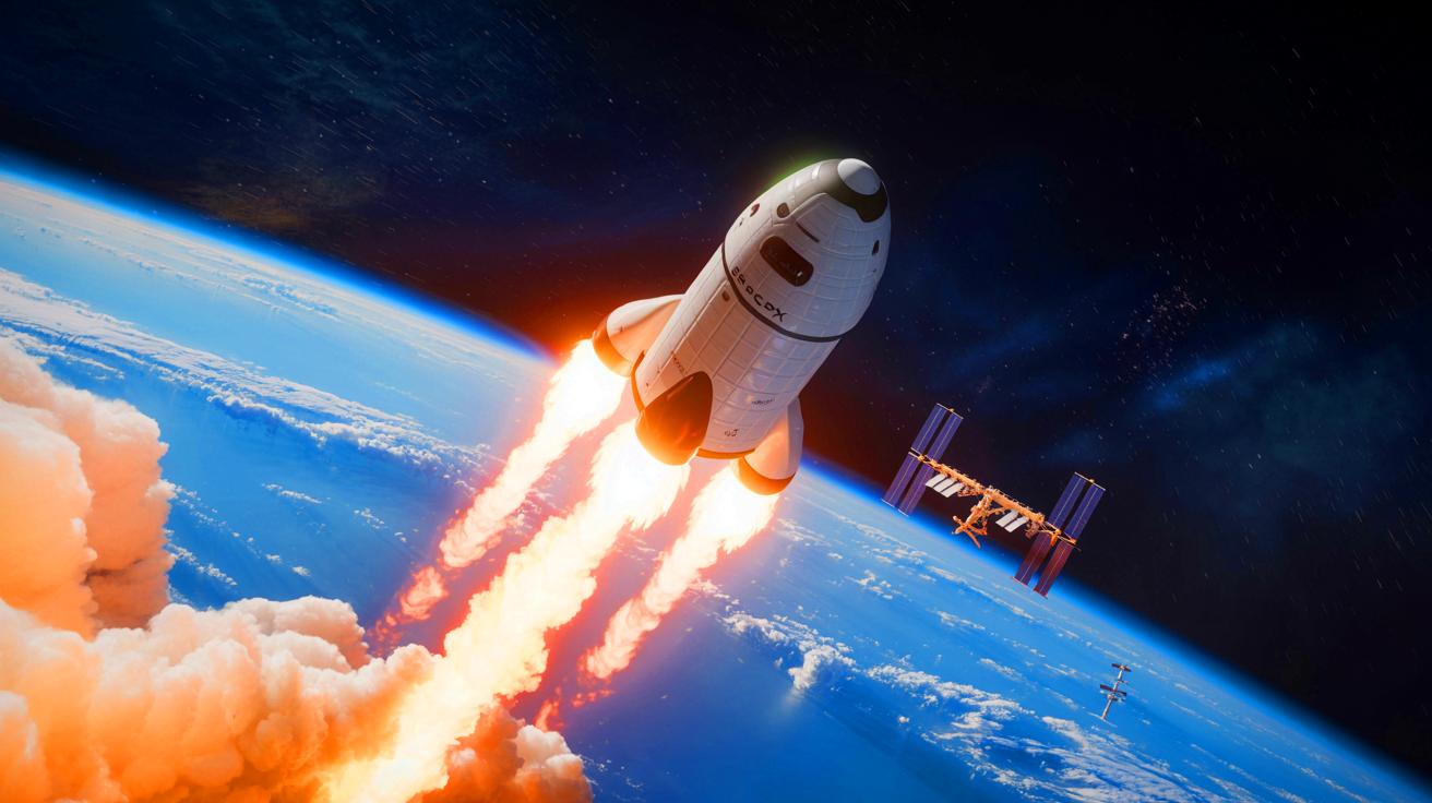 Illustration of SpaceX Dragon capsule returning from the International Space Station with futuristic gear.
