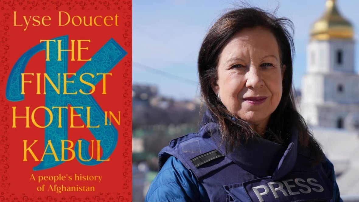 A photo composite of a book cover with a large blue letter 'K' on a red background on the left and on the right is a woman wearing a "Press" vest. 