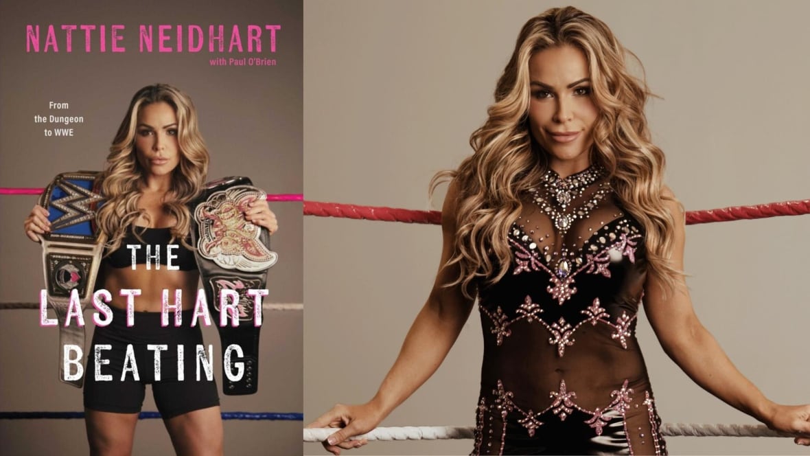 The book cover featuring a female wrestler with long blonde hair holding two championship belts and the author: the same wrester with her arms on the ring's ropes