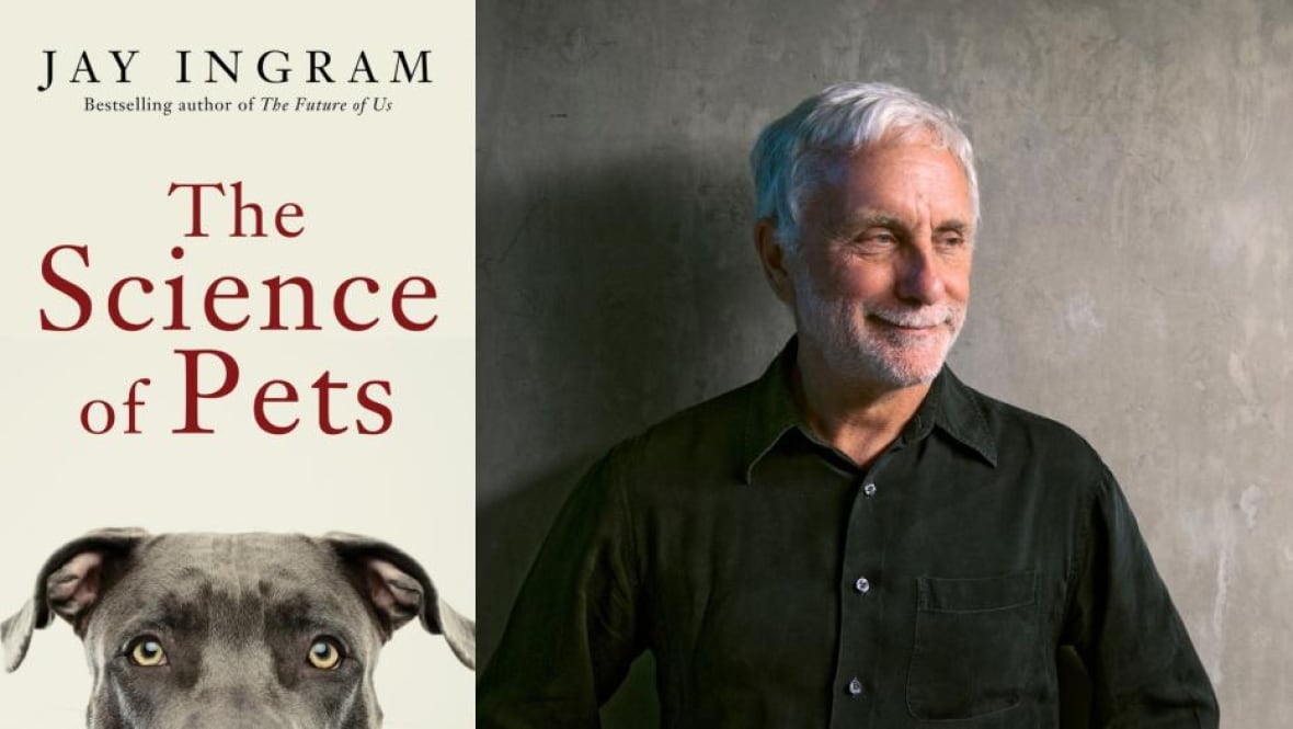 A white book cover with red writing and a dog's head peeking from the bottom. A white man with white hair wearing a black button down.