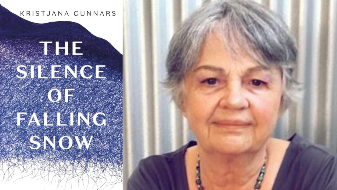 A photo composite of a book cover with dark blue threads on a white background and a woman with short white hair on the right. 