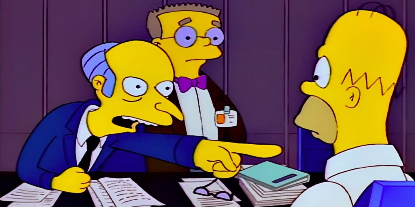Mr. Burns sits at his desk and points at Homer as Smithers stands behind him in The Simpsons.