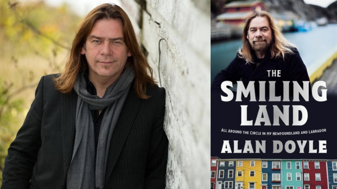 A photo composite of a man with shoulder-length brown hair on the left and on the right is a book cover with the same man on the top and a row of colourful houses on the bottom. 