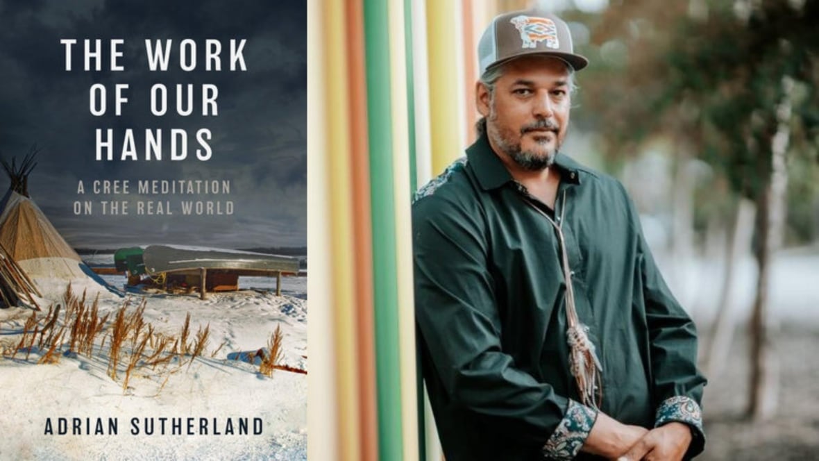 A photo composite that features a book cover with a tipi on the snow on the left and on the right is a man wearing a baseball cap. 
