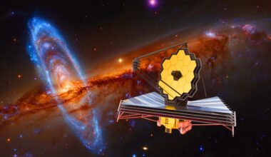 Illustration of the James Webb Space Telescope observing ancient galaxies.