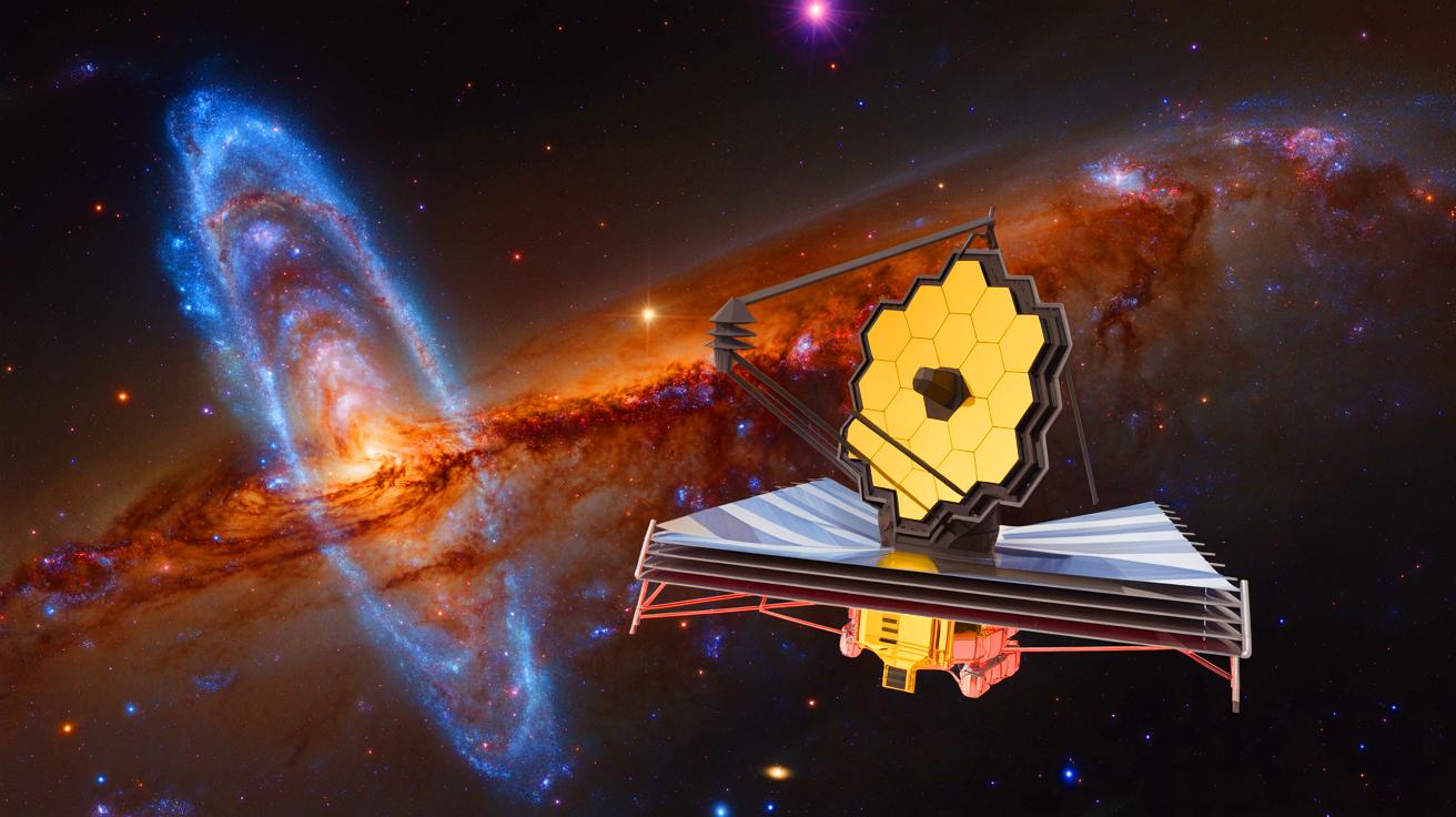 Illustration of the James Webb Space Telescope observing ancient galaxies.