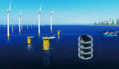 An artist's rendering of a wind-powered underwater data center being built off the coast of Shanghai.