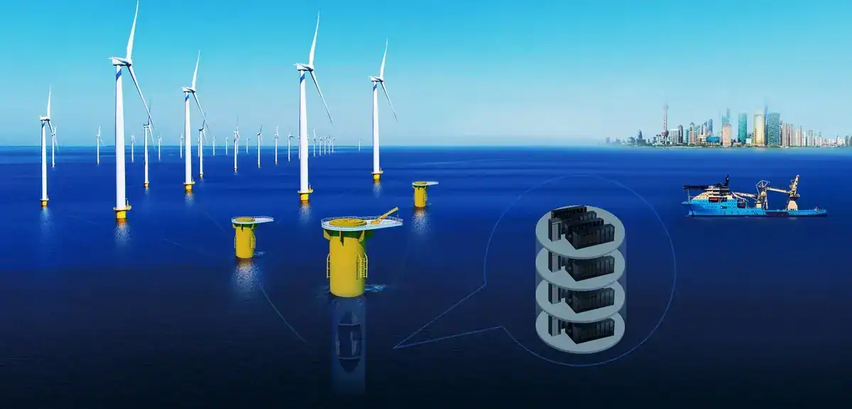 An artist's rendering of a wind-powered underwater data center being built off the coast of Shanghai.