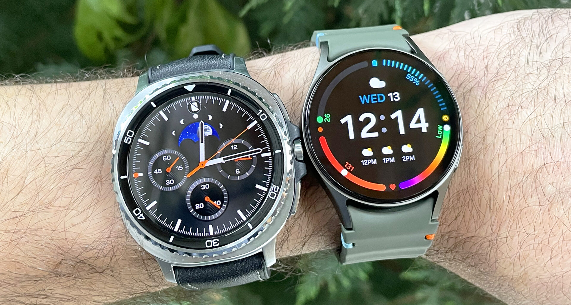 Close-up of a user's wrist wearing the Samsung Galaxy Watch 8 Classic (left) and Galaxy Watch 7 (right)