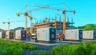 Illustration of hydrogen fuel cells transforming construction sites into emission-free zones.