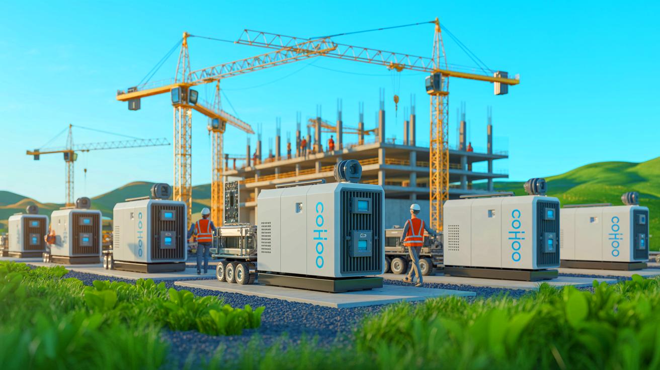 Illustration of hydrogen fuel cells transforming construction sites into emission-free zones.