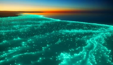 Illustration of NASA satellite capturing a bioluminescent phytoplankton bloom off Australia's coast.
