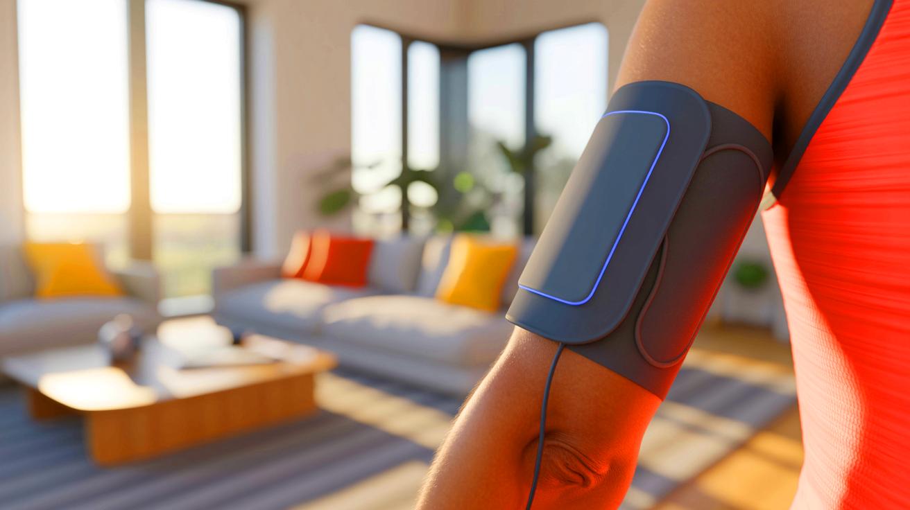 Illustration of a skin-mounted electronic patch for real-time blood pressure monitoring.