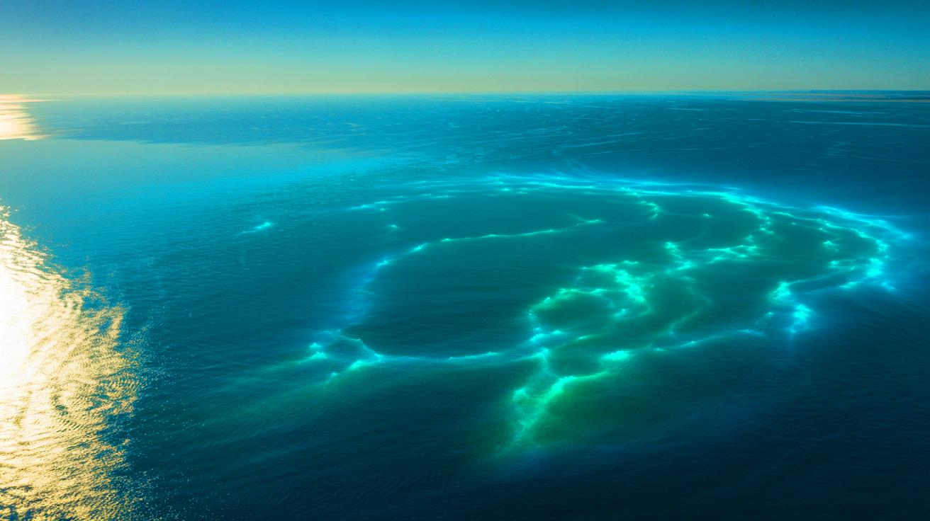Illustration of a turquoise bioluminescent phytoplankton bloom off Australia's southern coast.