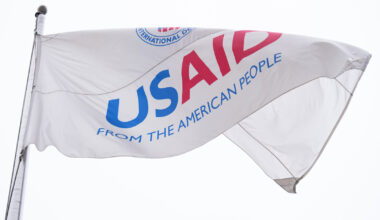 The United States Agency for International Development (USAID) flag flies outside the headquarters in Washington on Feb. 3, 2025. (Bill Clark/CQ Roll Call)