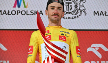 WIELICZKA, POLAND - AUGUST 10: Brandon McNulty of The United States and UAE Team Emirates - XRG celebrates at podium as Yellow Leader Jersey and final overall race winner during the 82nd Tour de Pologne 2025, Stage 7 a 12.5km individual time trial stage from Wieliczka to Wieliczka / #UCIWT / on August 10, 2025 in Wieliczka, Poland. (Photo by Luc Claessen/Getty Images)