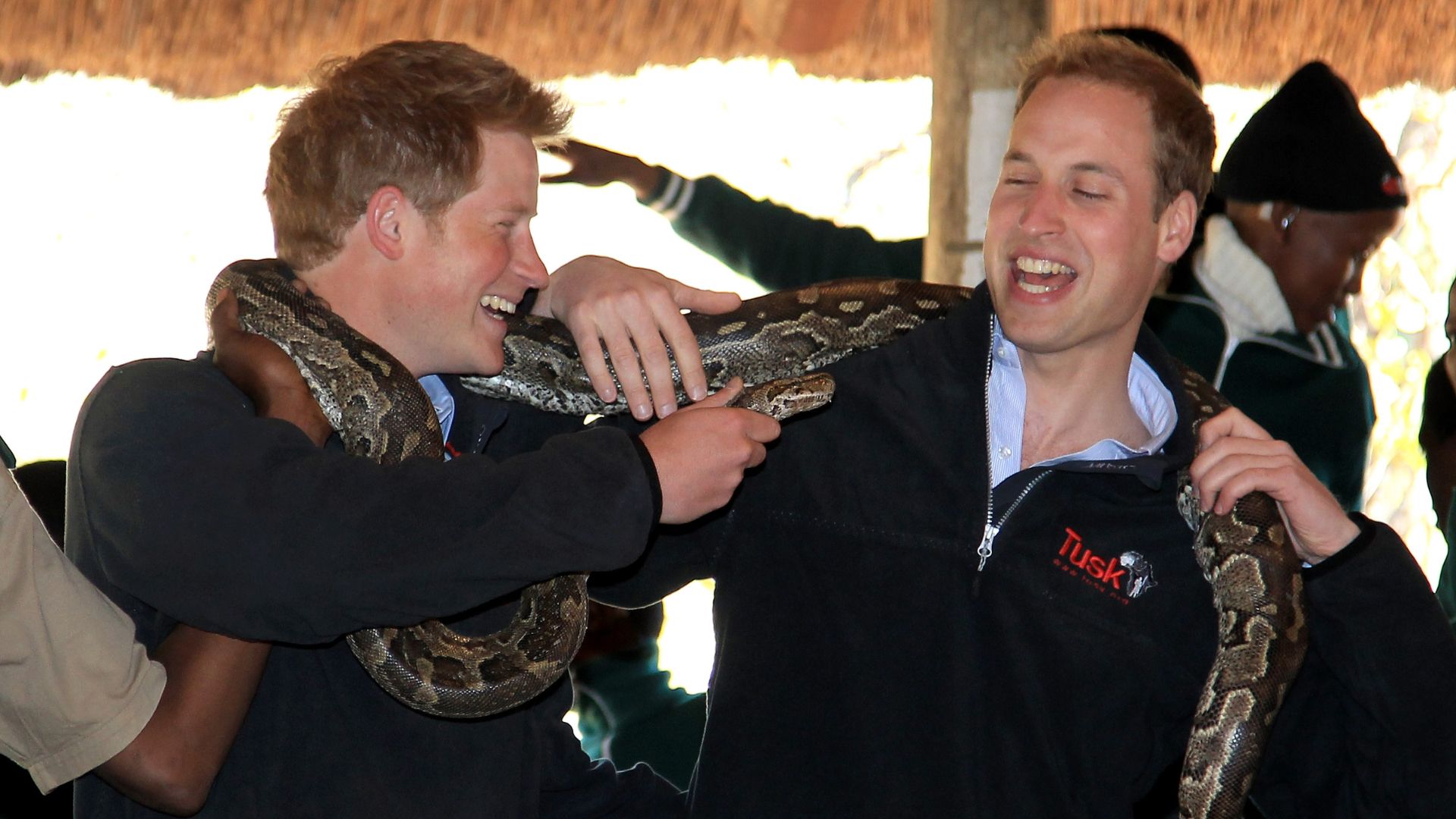 Prince Harry and Prince William holding a snake