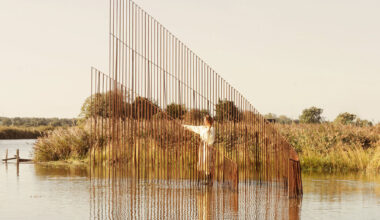 vertical steel rebars shape maetherea's kinetic installation in the uk