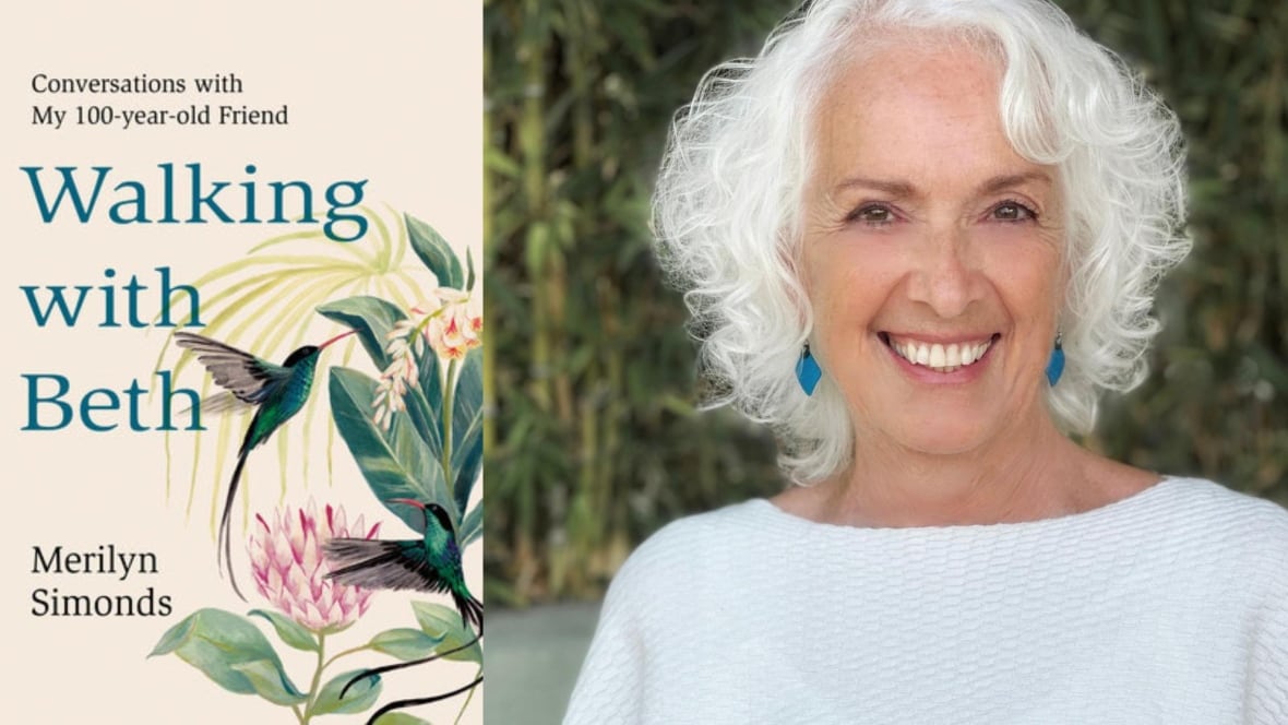 A photo composite that shows a book cover with plants and bird on the left, and on the right is a woman with short curly white hair smiling at the camera. 