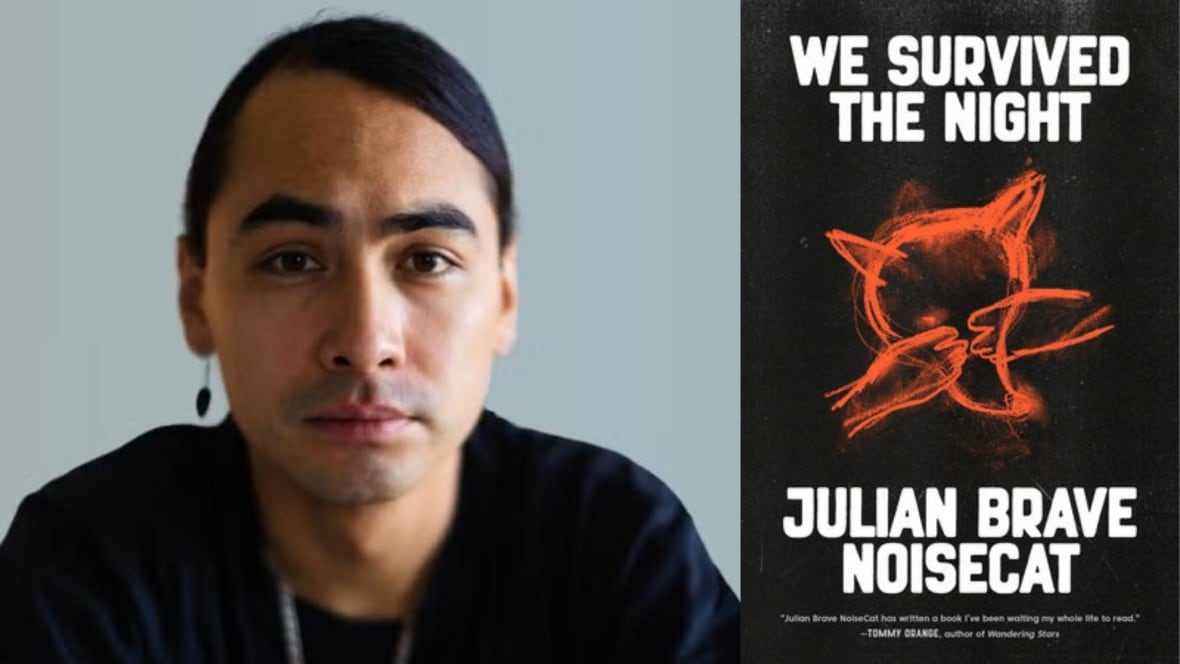 A photo composite of a man with his hair tied up on the left and on the right is a book cover that shows an animal head on a black background. 