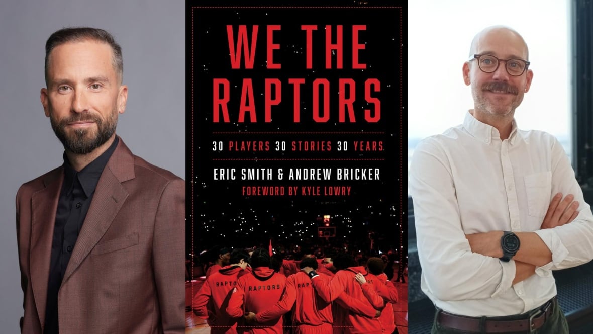 A composite image with the book cover between the photos of the two authors, the cover features a team all dressed in red huddled together