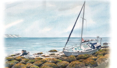 Painting of Jazz Turner crawling 40m across rocks carrying two 10kg anchors, in an attempt to refloat her Albin Vega yacht Fear, after running aground near Felixstowe on UK and Ireland circumnavigation. Credit: Claudia Myatt