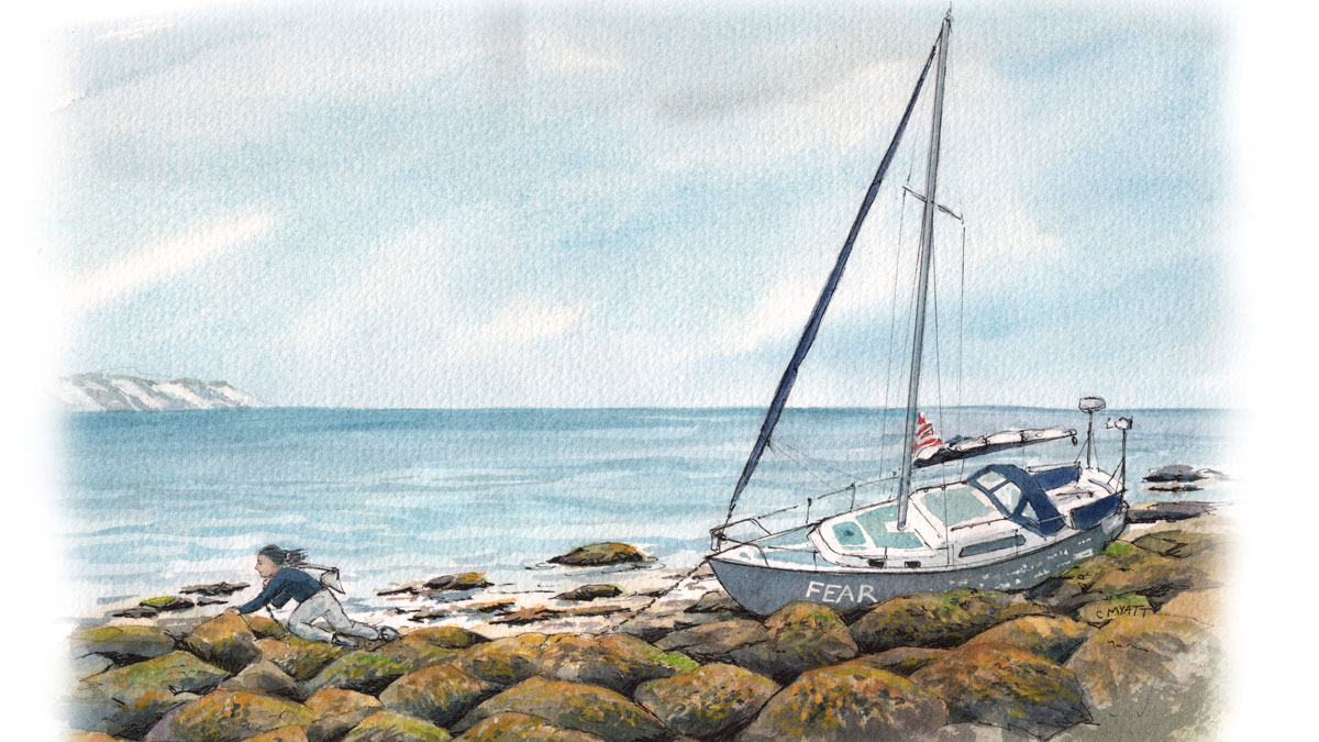Painting of Jazz Turner crawling 40m across rocks carrying two 10kg anchors, in an attempt to refloat her Albin Vega yacht Fear, after running aground near Felixstowe on UK and Ireland circumnavigation. Credit: Claudia Myatt