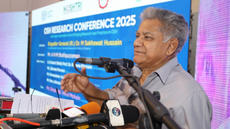 Labour and Employment Adviser Brig Gen (retd) M Sakhawat Hossain speaking to officers and staff of the Department of Labour, as well as trade union leaders, at the National Occupational Safety and Health Training and Research Institute in Rajshahi on 2 August 2025. Photo: TBS