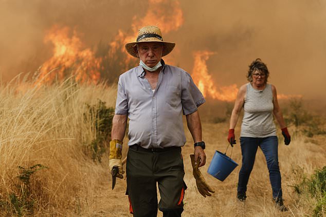 Local residents react in front of the fire during a wildfire in Santa Baia De Montes, northwestern Spain, Thursday, Aug. 14, 2025. (AP Photo/Lalo R. Villar)