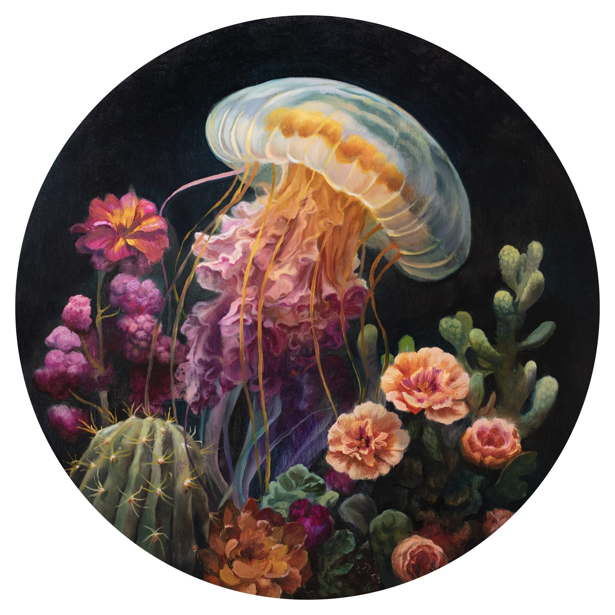 a round oil painting by Martin Wittfooth of a jellyfish and coral