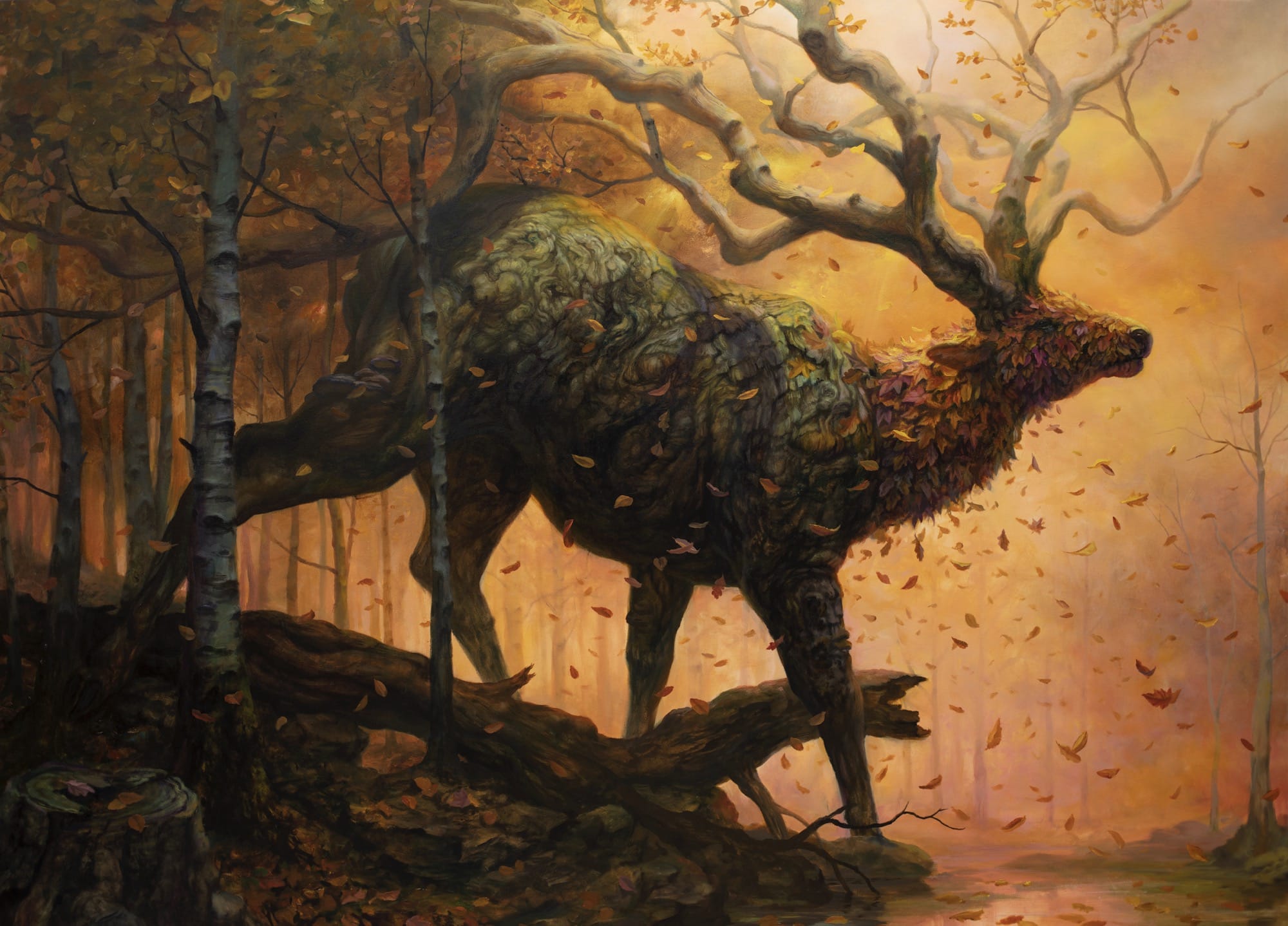 an oil painting by Martin Wittfooth of an elk with large branches for antlers and a body covered in leaves