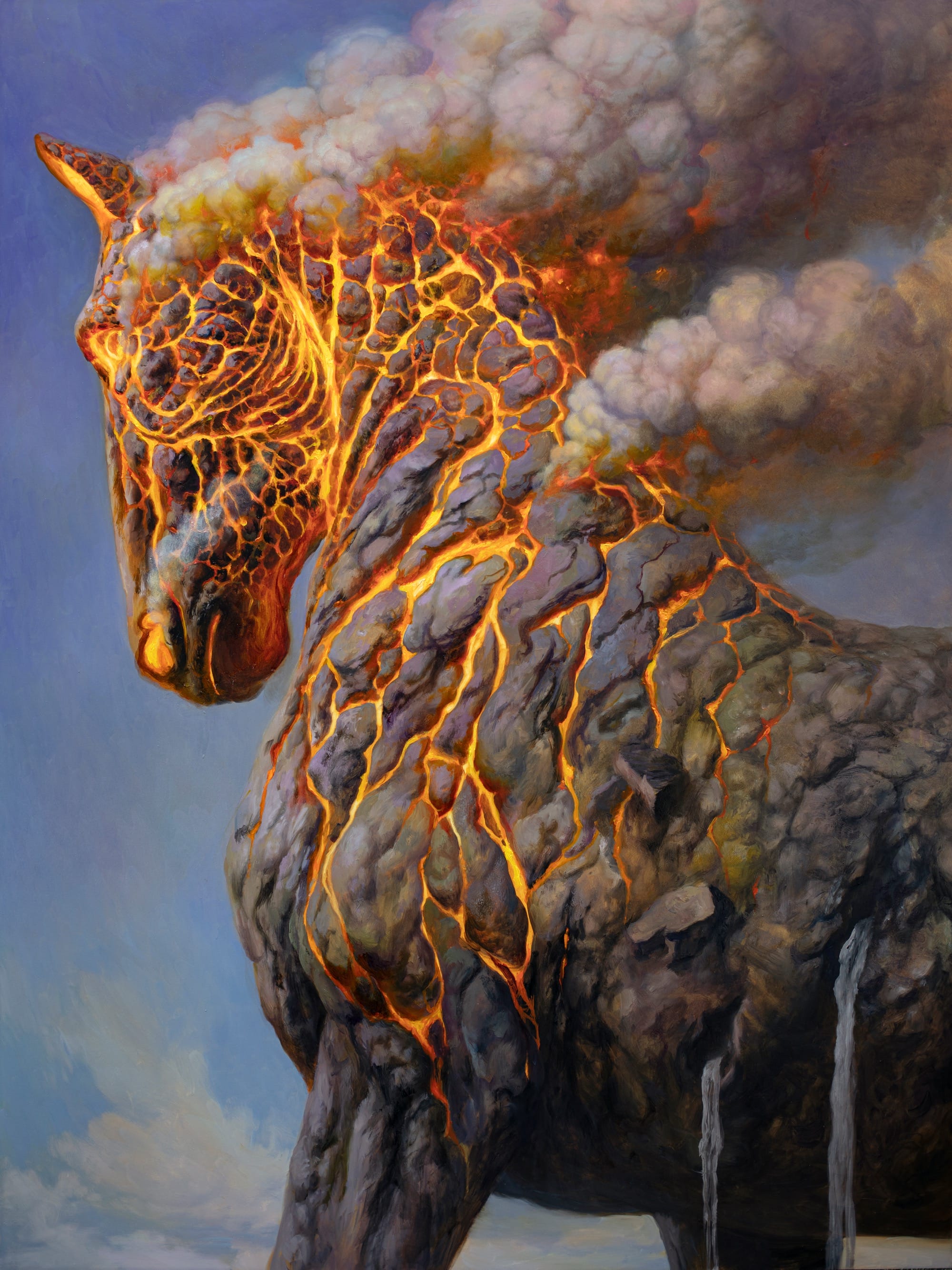an oil painting by Martin Wittfooth of a horse made of molten rock