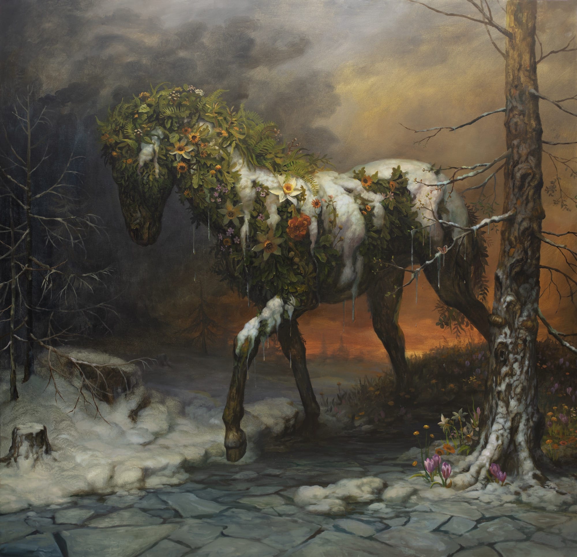 an oil painting by Martin Wittfooth of a horse walking through a forest, covered in moss and flowers