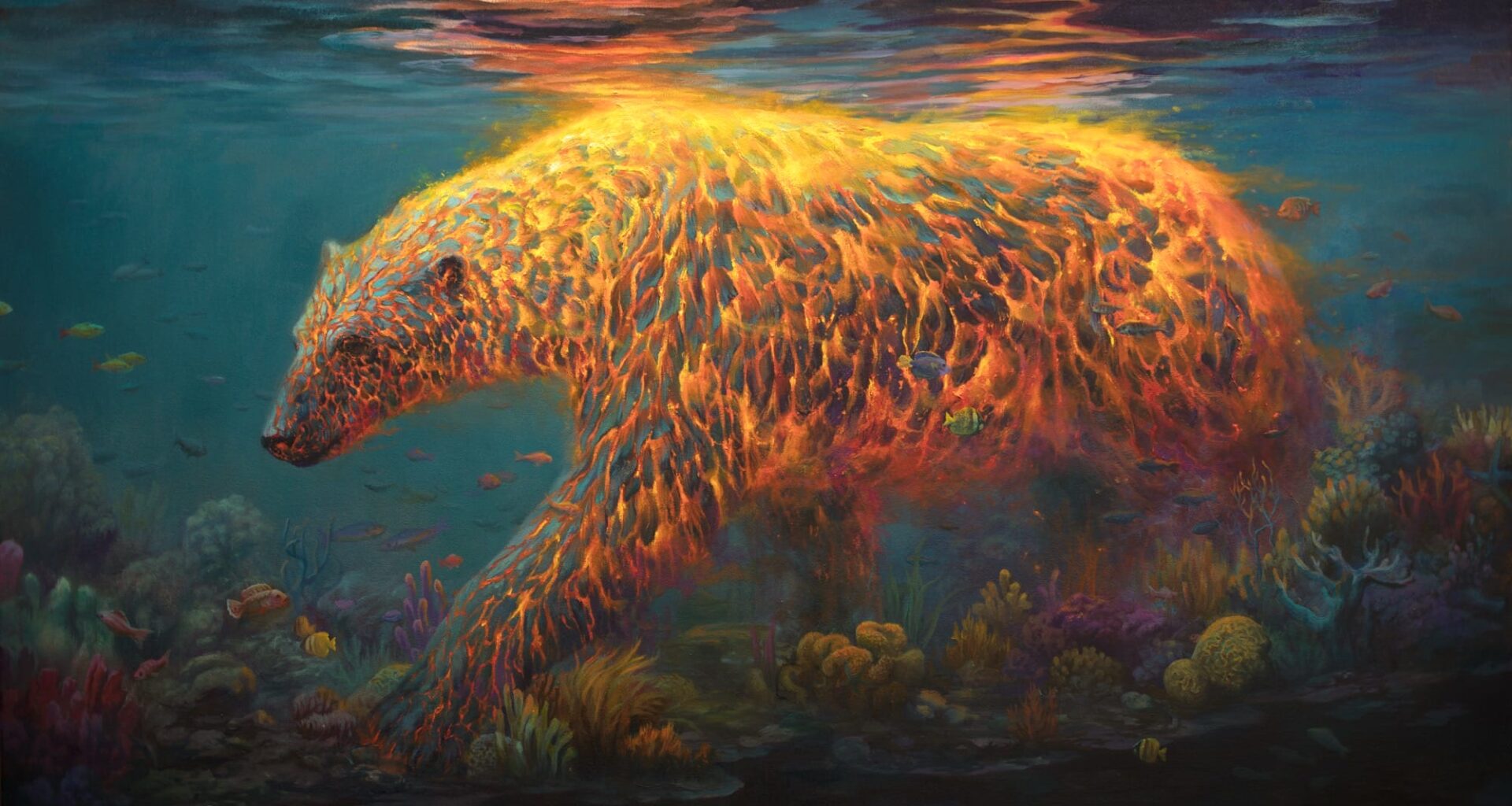 an oil painting by Martin Wittfooth of a fiery polar bear