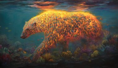 an oil painting by Martin Wittfooth of a fiery polar bear