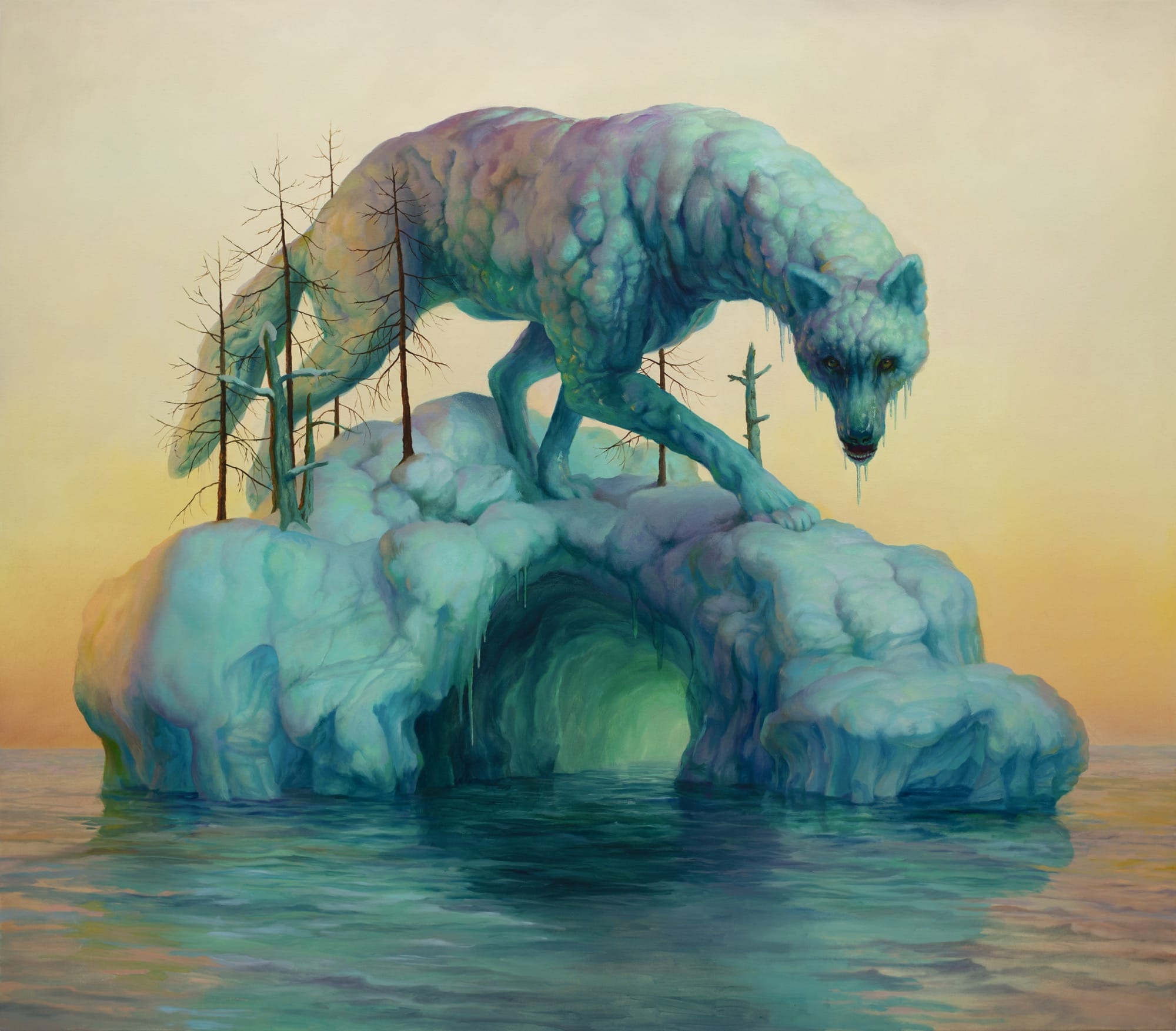 an oil painting by Martin Wittfooth of a snowy wolf standing on top of an iceberg with a cave in it
