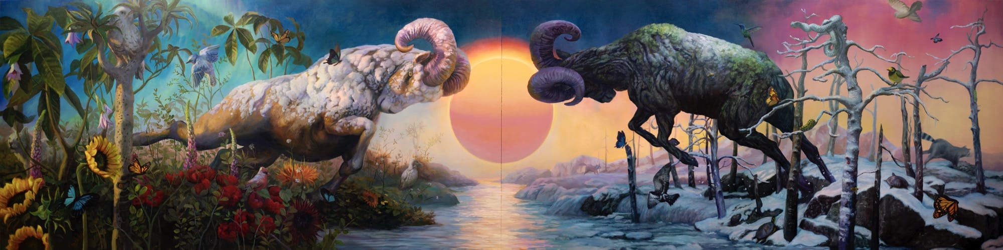 a long, horizontal oil painting by Martin Wittfooth of two dueling rams with a sun in the center and spring on one side, winter on the other