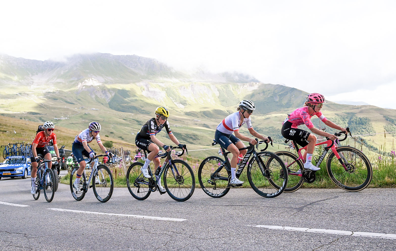 SAINT-FRANCOIS LONGCHAMP, FRANCE - AUGUST 02: (L-R) Dominika Wlodarczyk of Poland and UAE Team ADQ, Demi Vollering of Netherlands and Team FDJ - SUEZ, Katarzyna Niewiadoma of Poland and Team CANYON//SRAM zondacrypto and Cedrine Kerbaol of France and Team EF Education-Oatly compete during the 4th Tour de France Femmes 2025, Stage 8 a 111.9km stage from Chambery to Saint-Francois Longchamp - Col de la Madeleine 1986m / #UCIWWT / on August 02, 2025 in Saint-Francois Longchamp, France. (Photo by Szymon Gruchalski/Getty Images)