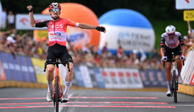 BUKOWINA TATRZANSKA, POLAND - AUGUST 09: (L-R) Victor Langellotti of Monaco and Team INEOS Grenadiers celebrates at finish line as stage winner ahead of Brandon McNulty of The United States and UAE Team Emirates - XRG during the 82nd Tour de Pologne 2025, Stage 6 a 147.5km stage from Bukowina Resort to Bukowina Tatrzanska 943m / #UCIWT / on August 09, 2025 in Bukowina Tatrzanska, Poland. (Photo by Luc Claessen/Getty Images)