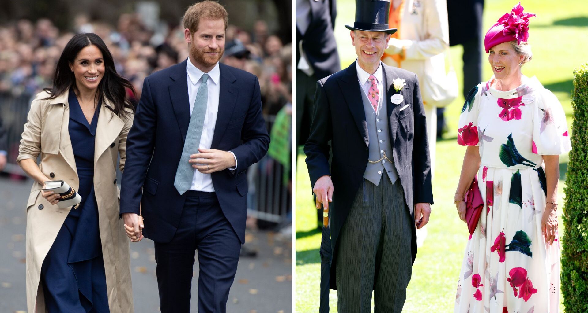 A composite of a picture of Prince Harry and Meghan in Australia in 2018 and a picture of Prince Edward and Sophie at Ascot 2025