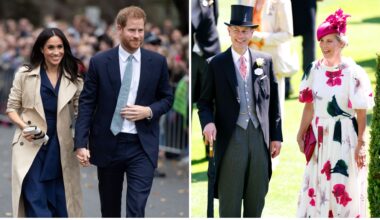 A composite of a picture of Prince Harry and Meghan in Australia in 2018 and a picture of Prince Edward and Sophie at Ascot 2025