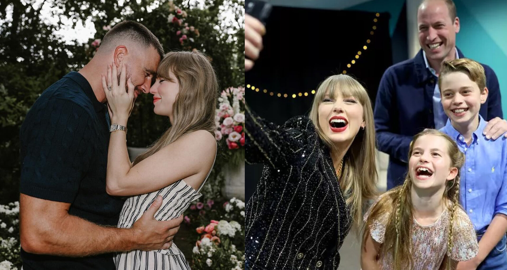 Taylor Swift and Travis Kelce's engagement photo; a picture of Taylor Swift taking a selfie with Prince William, Prince George and Princess Charlotte