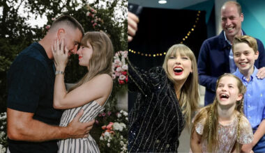Taylor Swift and Travis Kelce's engagement photo; a picture of Taylor Swift taking a selfie with Prince William, Prince George and Princess Charlotte