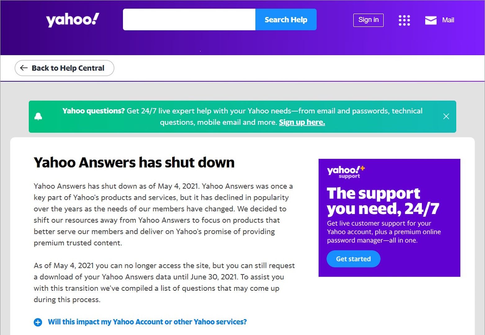 Image showing Yahoo Answers Shut Down Announcement from Archive.Today