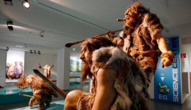 Three statues model how Neanderthals may have looked.