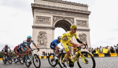 Tadej Pogačar passes the Arc de Triomphe on stage 21 of the 2025 Tour de France