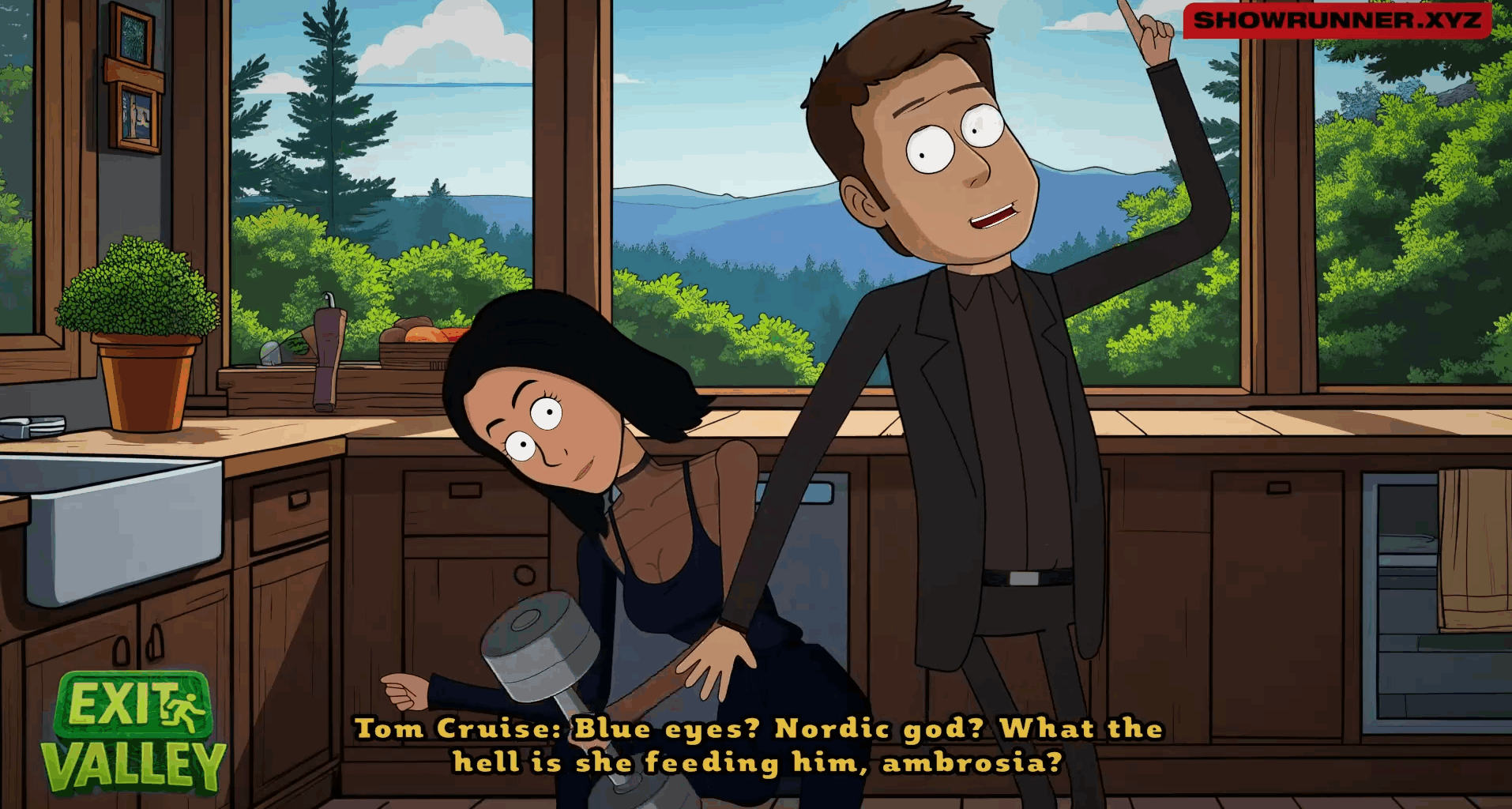 Cartoon renderings of Tom Cruise and Kim Kardashian jabber in an AI-generated scene.