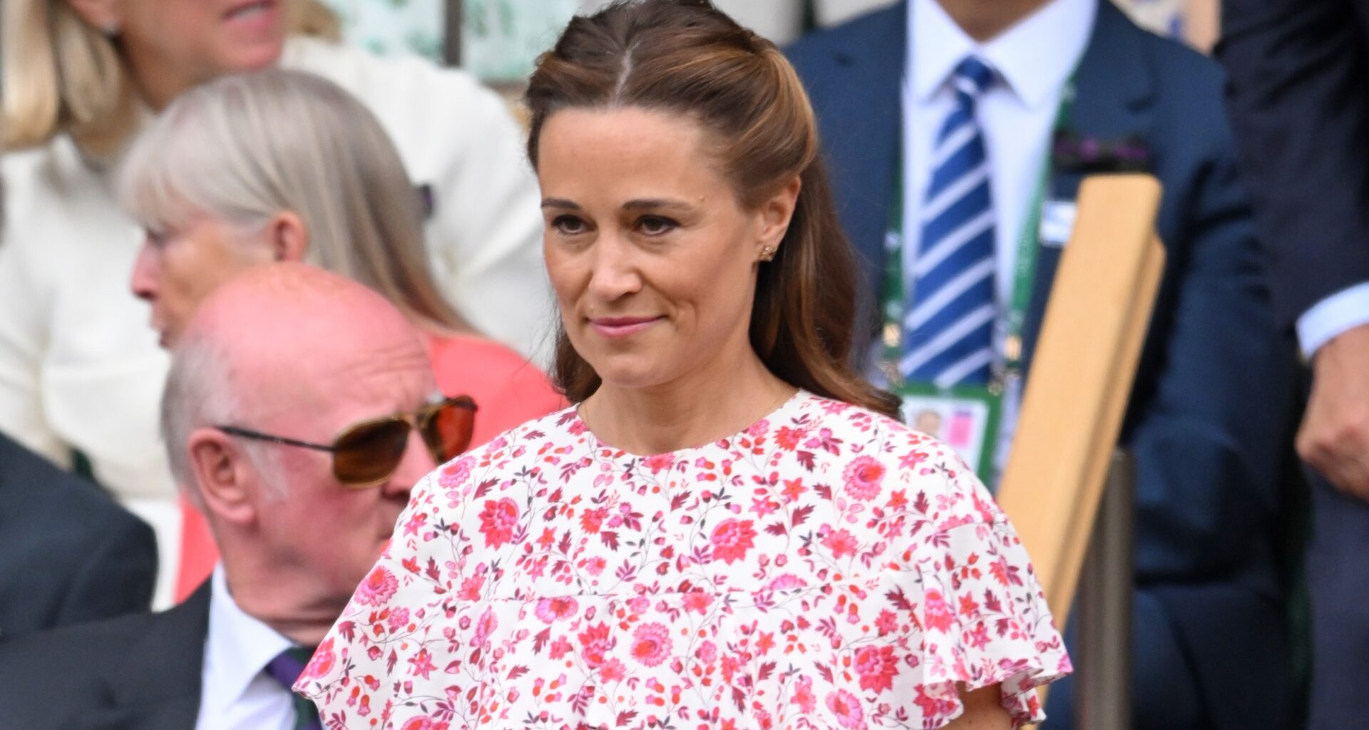 Pippa Middleton court-side of Centre Court during the men's final on day fourteen of the Wimbledon Tennis Championships 2024
