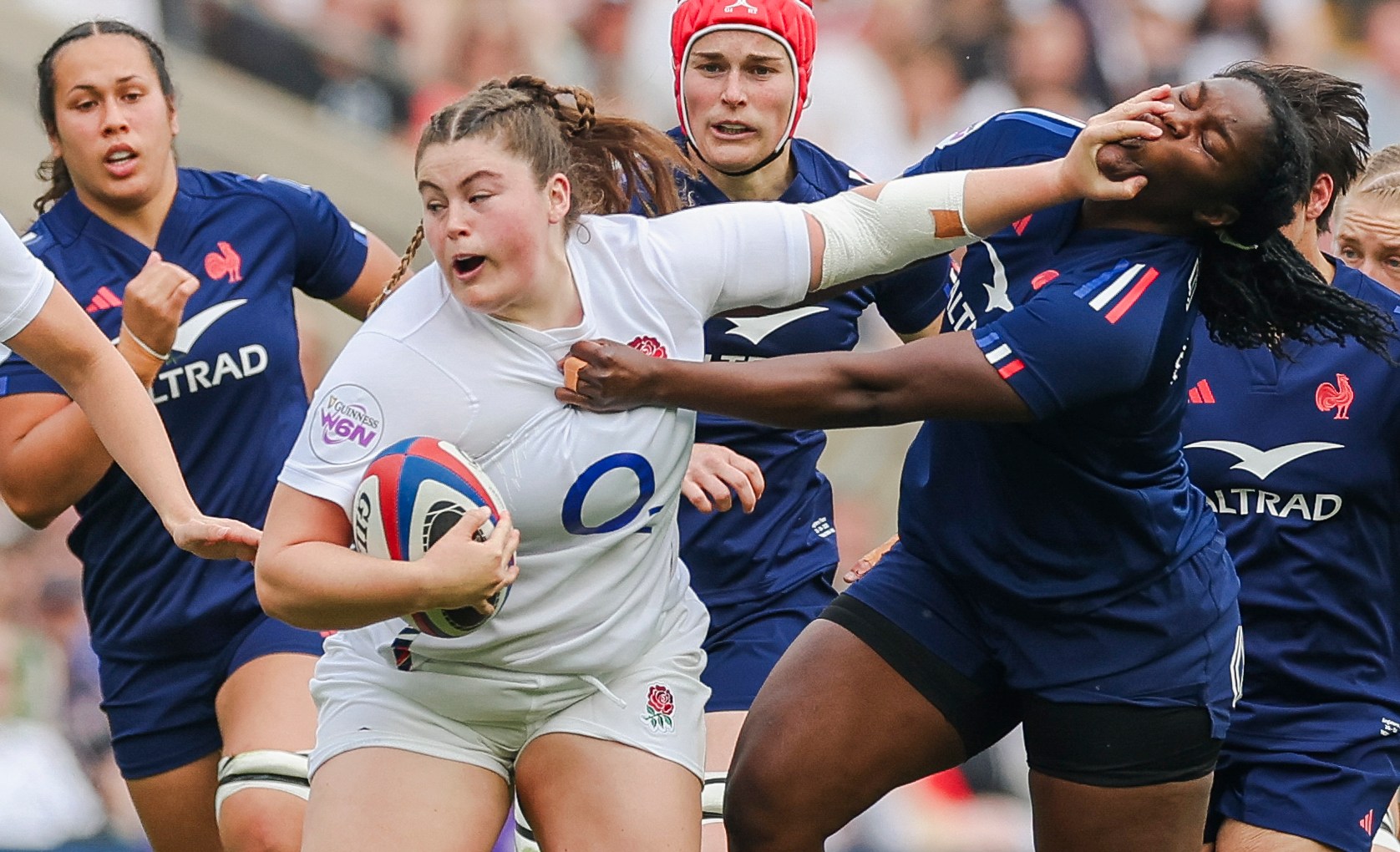 Maud Muir of England during a rugby match against France.